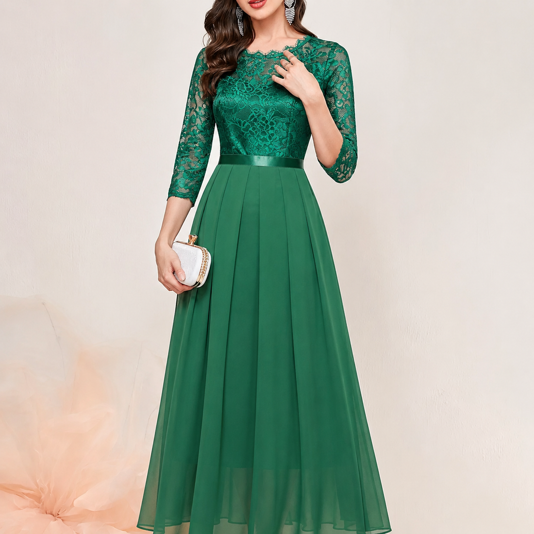 Gail | Lace Pleated Quarter Sleeve Formal Evening Dress