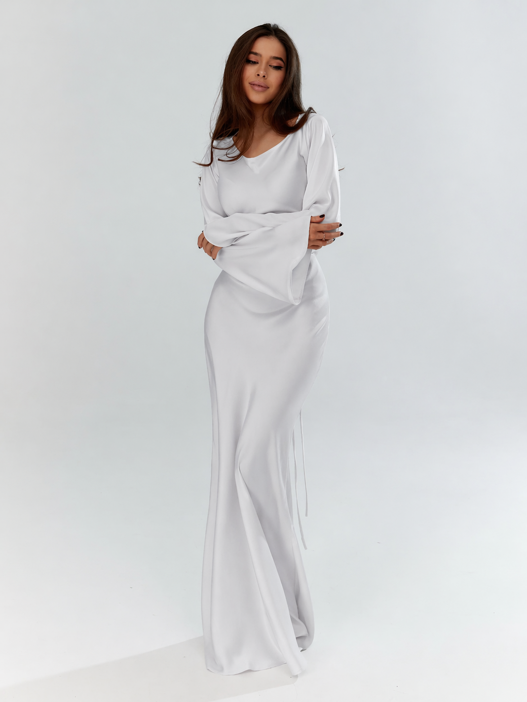 Serena | Women's Satin Long Sleeve Maxi Dress Formal Gown