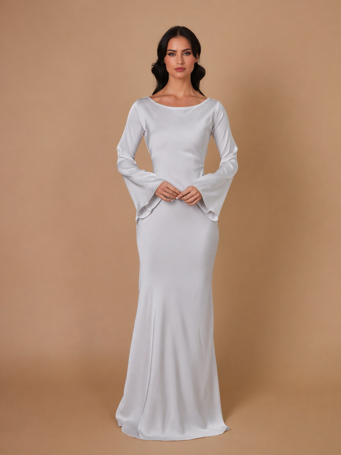 Serena | Women's Satin Long Sleeve Maxi Dress Formal Gown