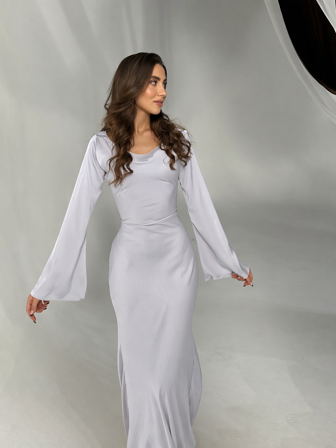 Serena | Women's Satin Long Sleeve Maxi Dress Formal Gown