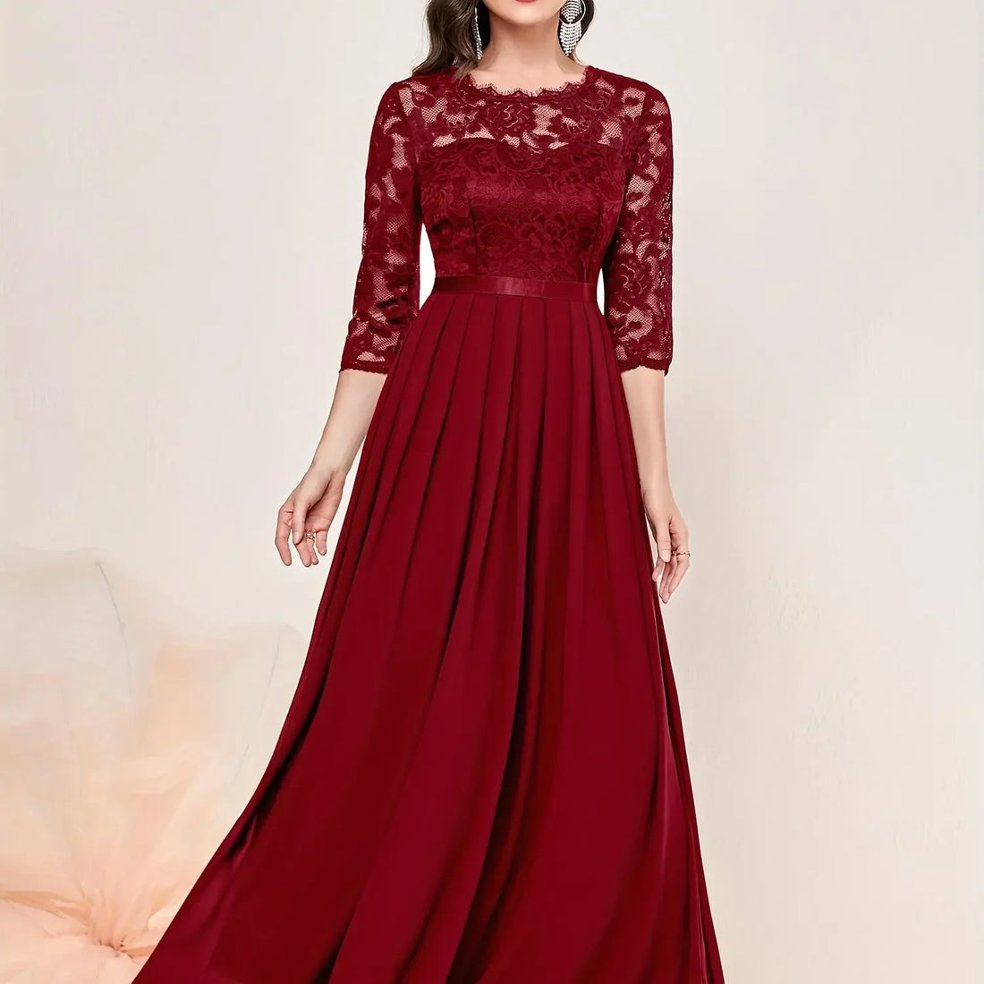 Gail | Lace Pleated Quarter Sleeve Formal Evening Dress