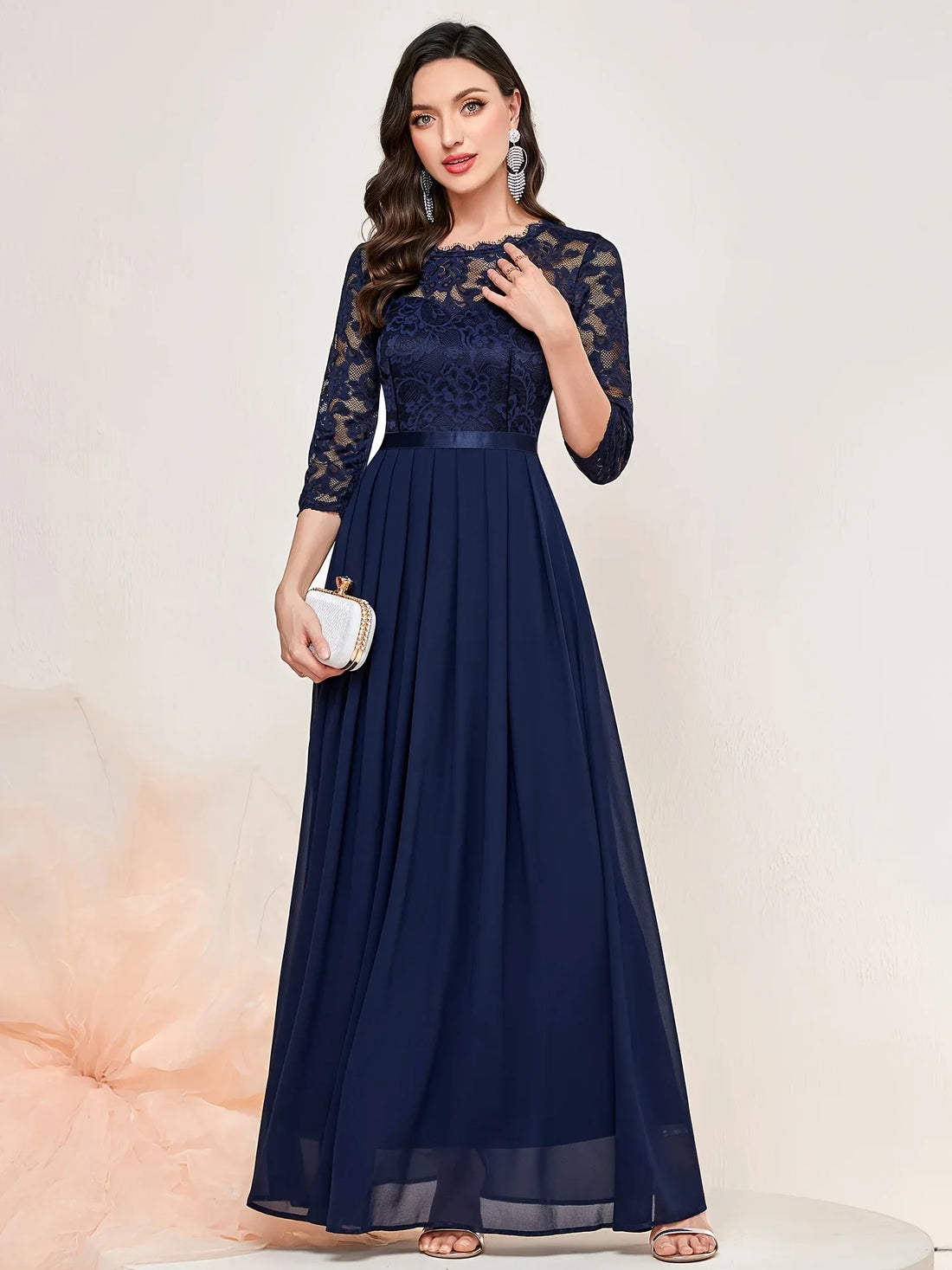 Gail | Lace Pleated Quarter Sleeve Formal Evening Dress