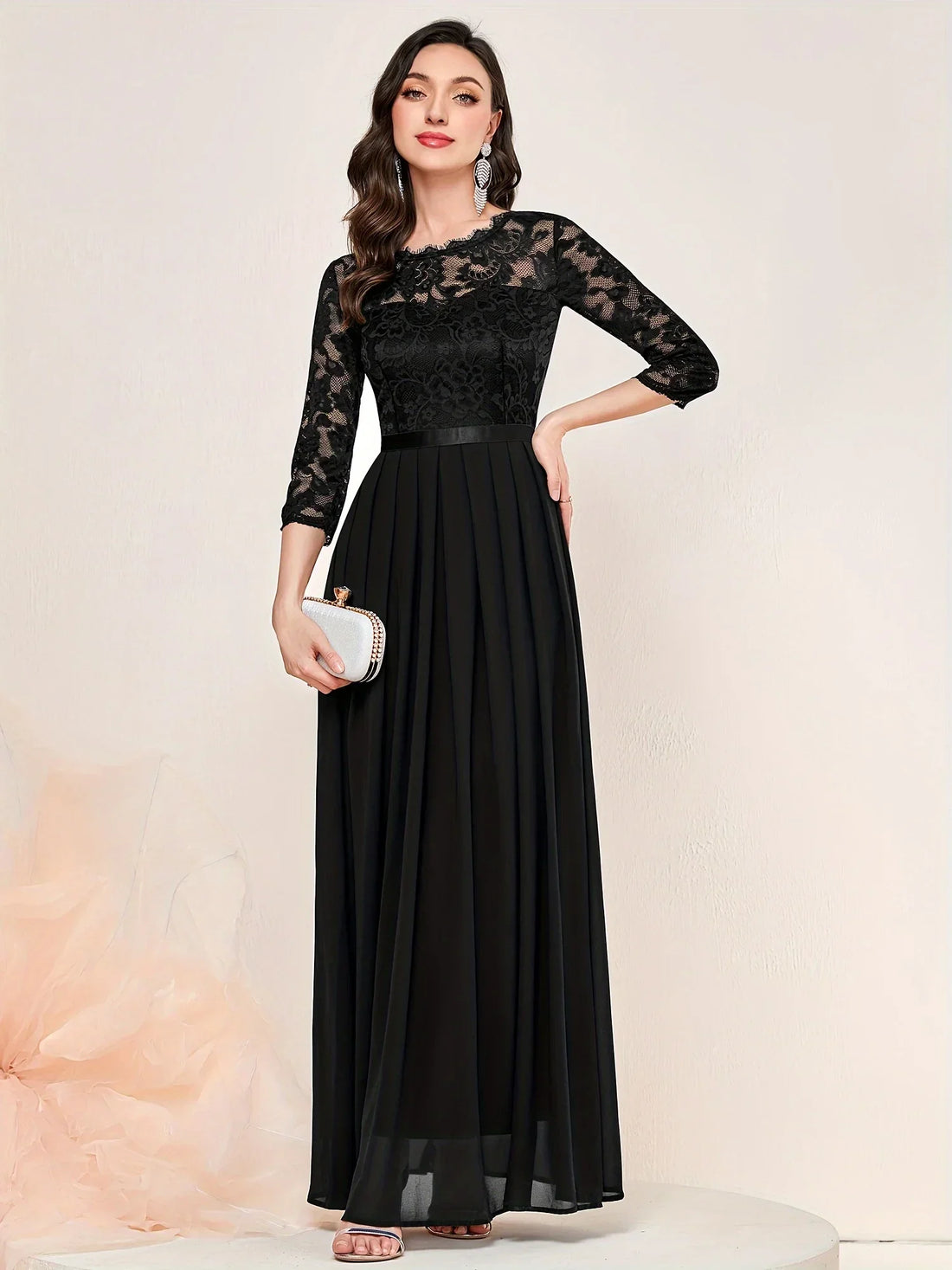 Gail | Lace Pleated Quarter Sleeve Formal Evening Dress
