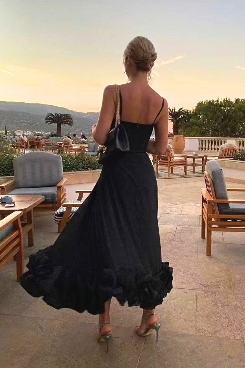 Amorette | Spaghetti Strap Ruffle Hem Midi Dress