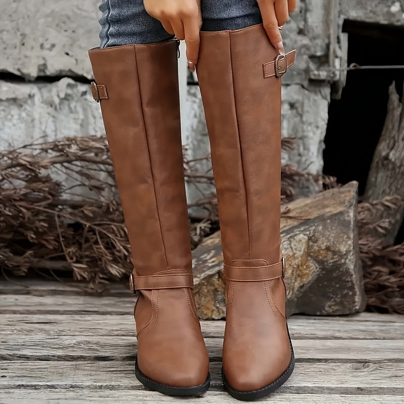 Calixta | Women's Knee High Leather-Look Buckle Boots