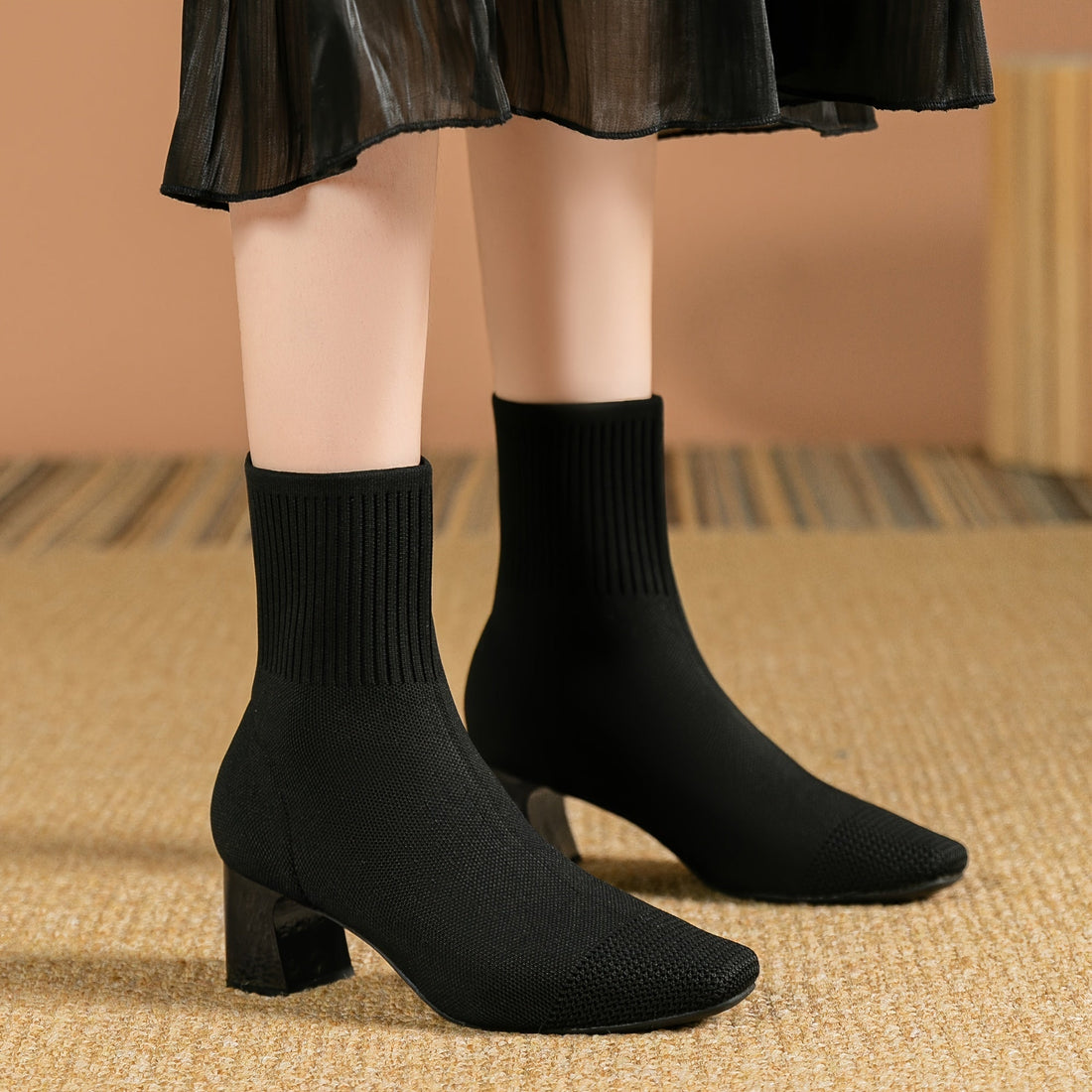 Kindra | Knit Ankle Boot with Block Heel
