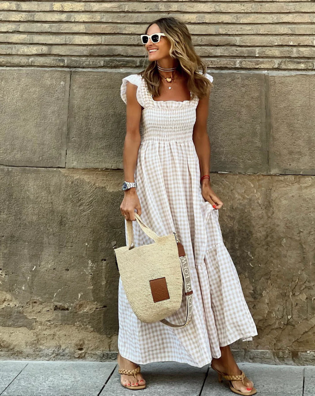 Briona | Women's Gingham Smocked Square Neck Maxi Dress