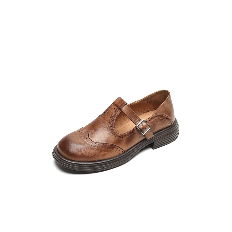 Rosie | Leather T-Strap Mary Jane Shoes Brogue Block Heel