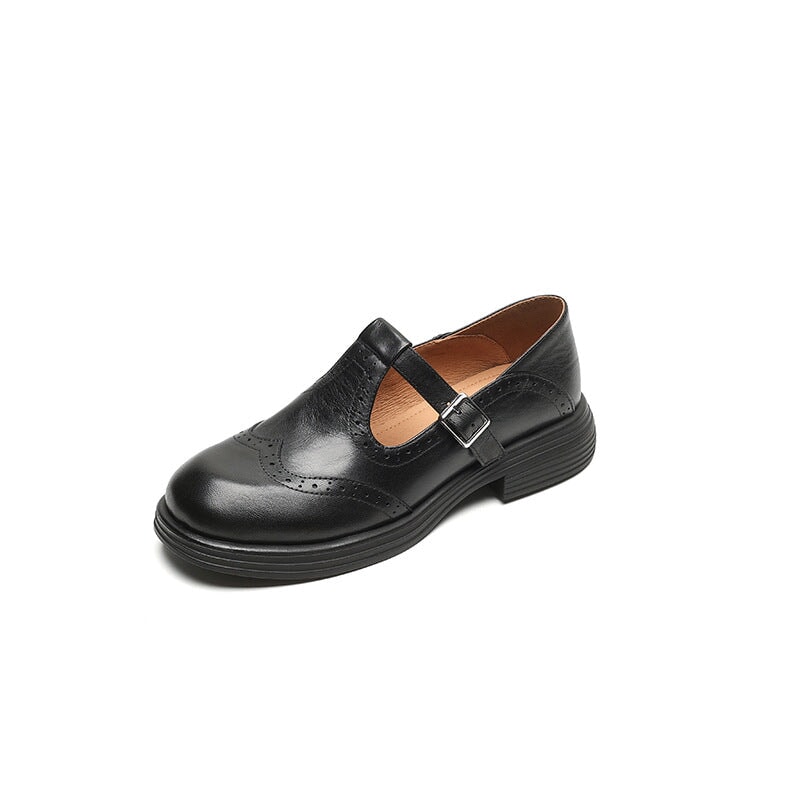 Rosie | Leather T-Strap Mary Jane Shoes Brogue Block Heel