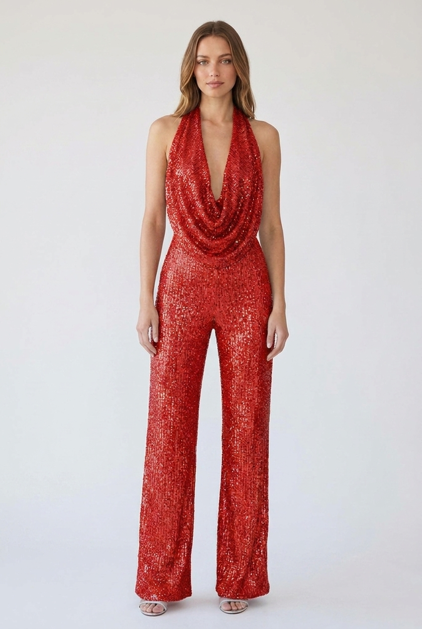 Ottoline | Women's Sequin Halter Cowl-Neck Wide-Leg Jumpsuit