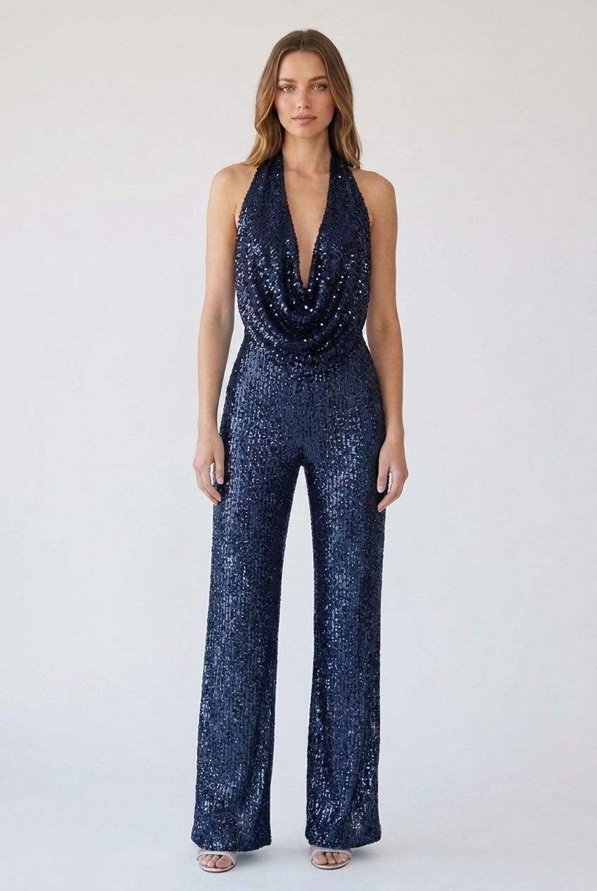 Ottoline | Women's Sequin Halter Cowl-Neck Wide-Leg Jumpsuit