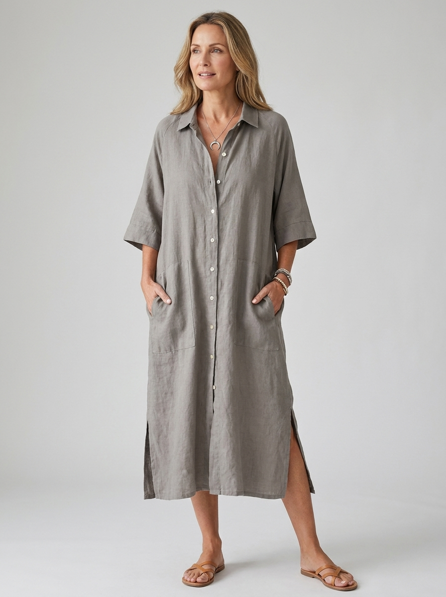 Bathilde | Women's Boho Button-Front Linen Midi Shirt Dress