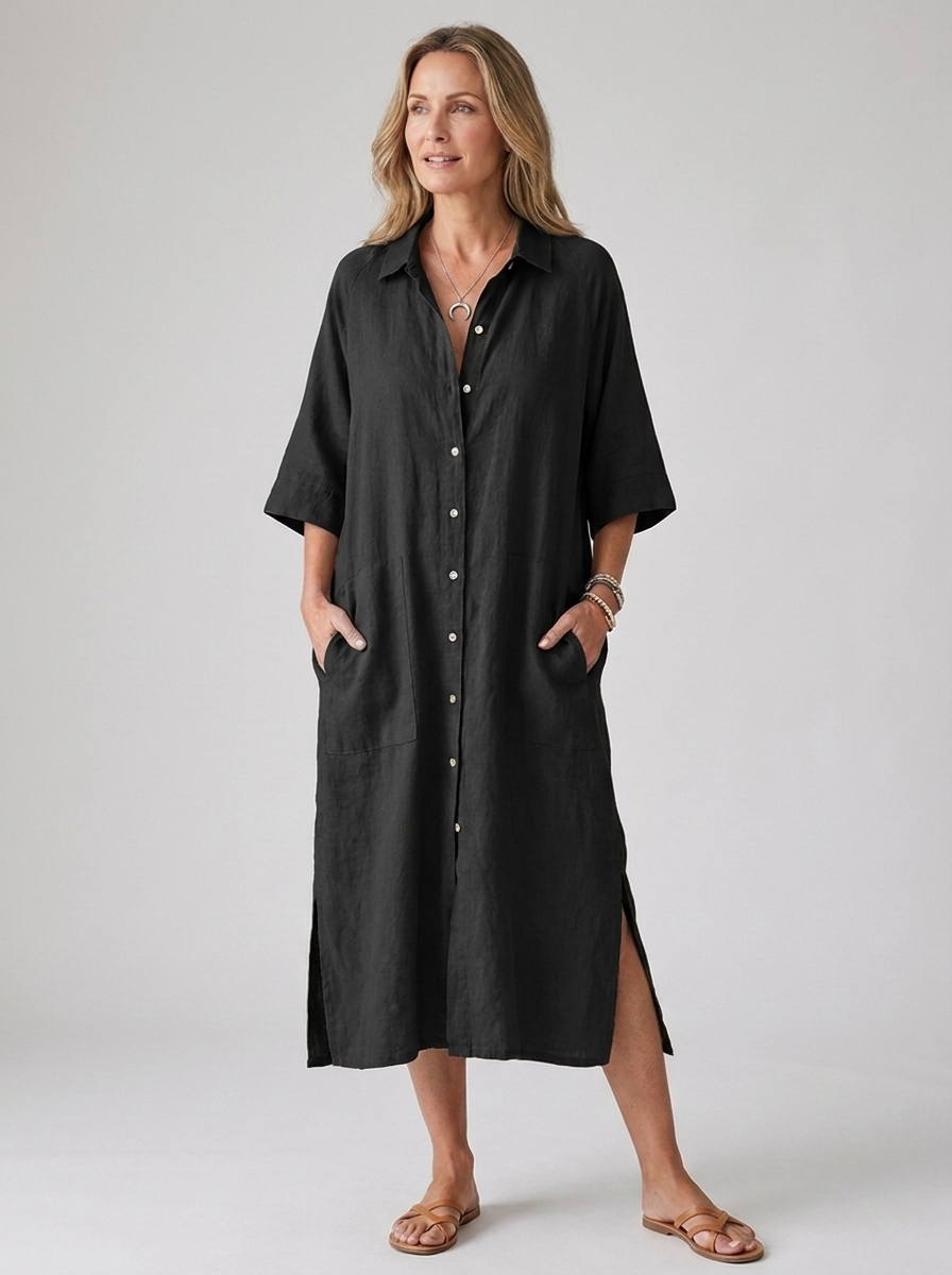 Bathilde | Women's Boho Button-Front Linen Midi Shirt Dress