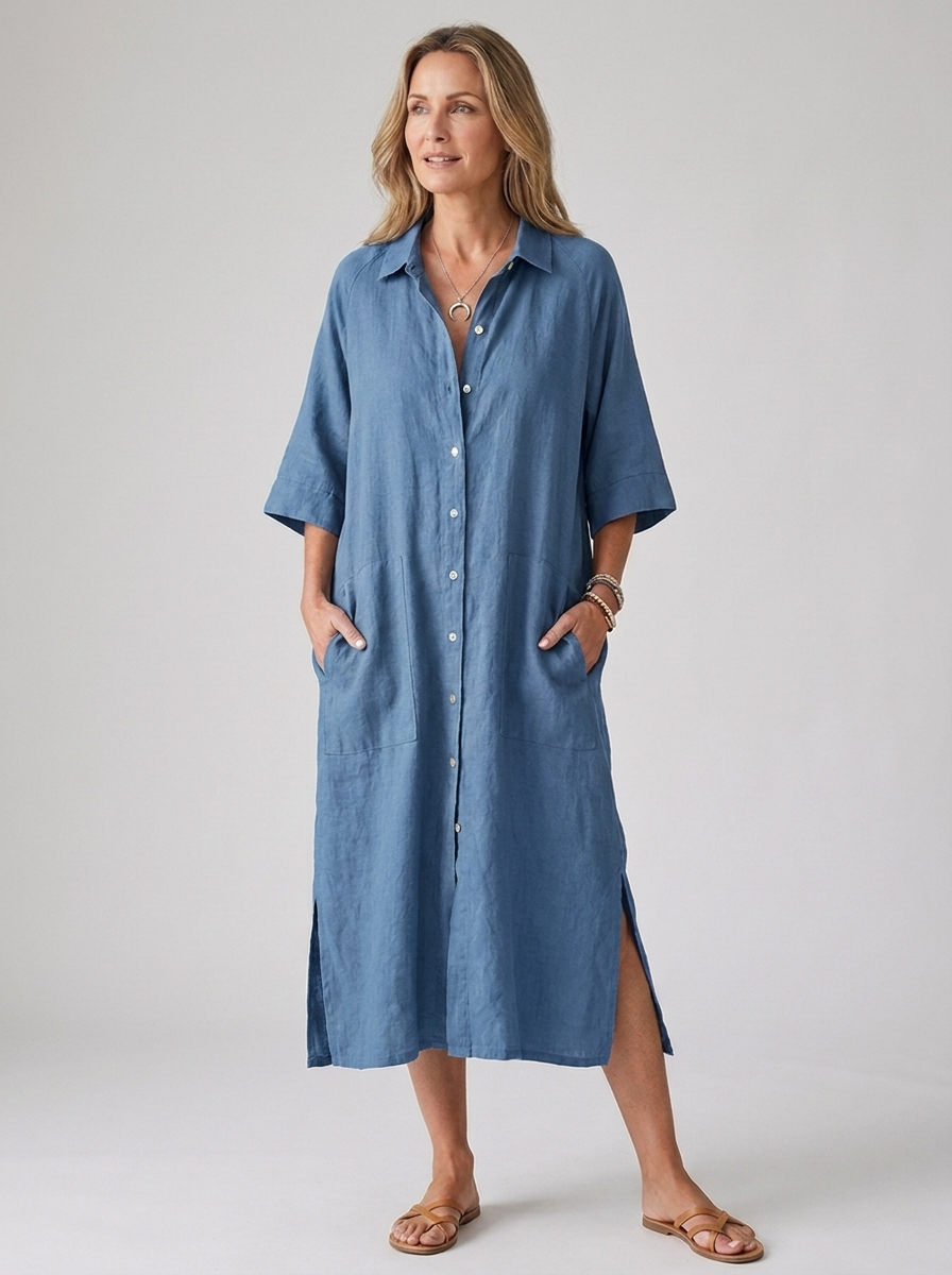 Bathilde | Women's Boho Button-Front Linen Midi Shirt Dress