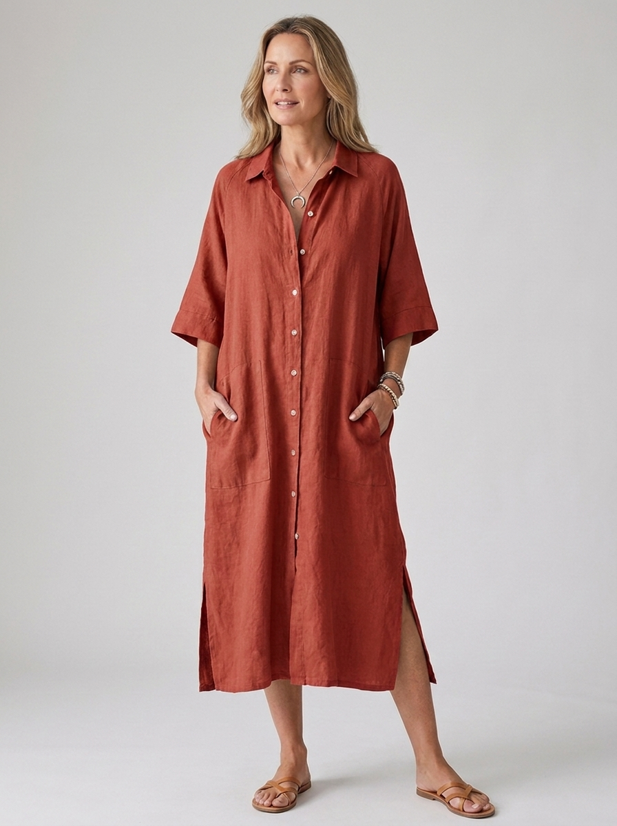 Bathilde | Women's Boho Button-Front Linen Midi Shirt Dress