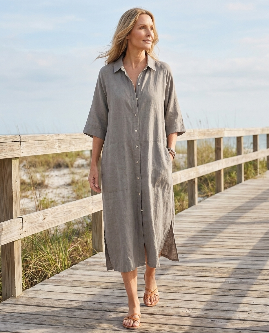 Bathilde | Women's Boho Button-Front Linen Midi Shirt Dress