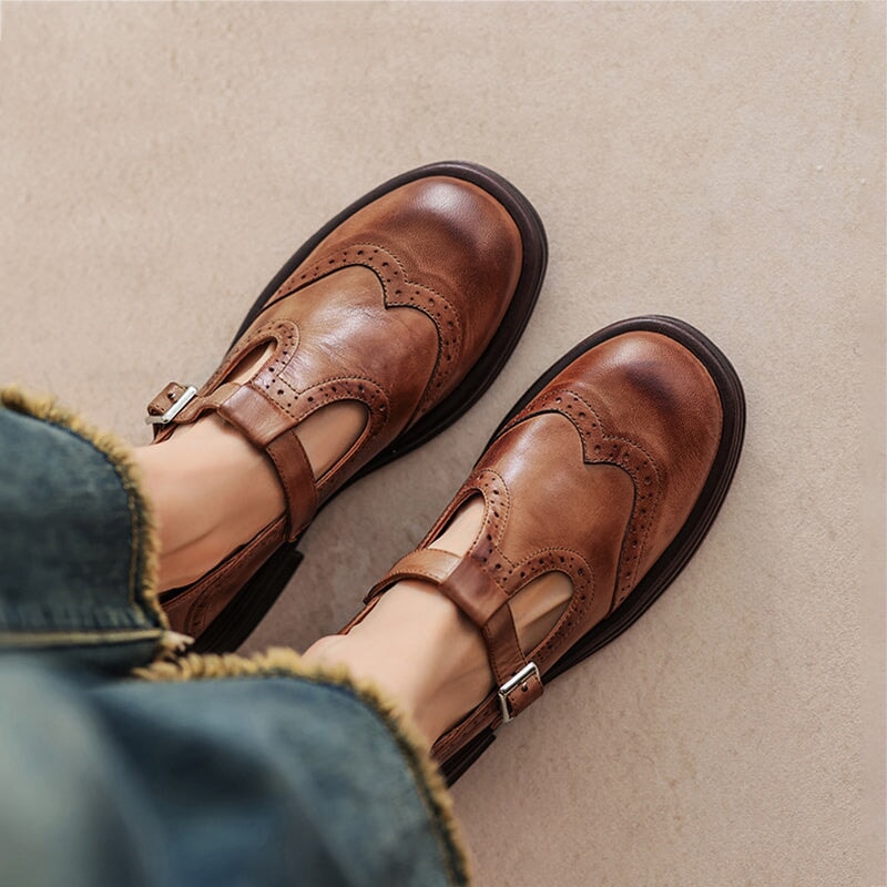 Rosie | Leather T-Strap Mary Jane Shoes Brogue Block Heel
