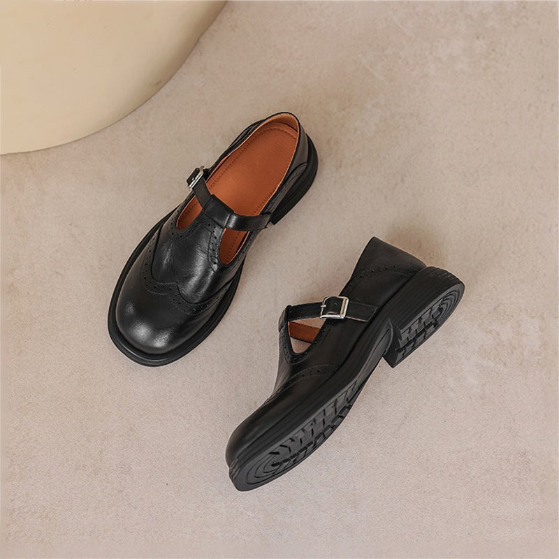 Rosie | Leather T-Strap Mary Jane Shoes Brogue Block Heel