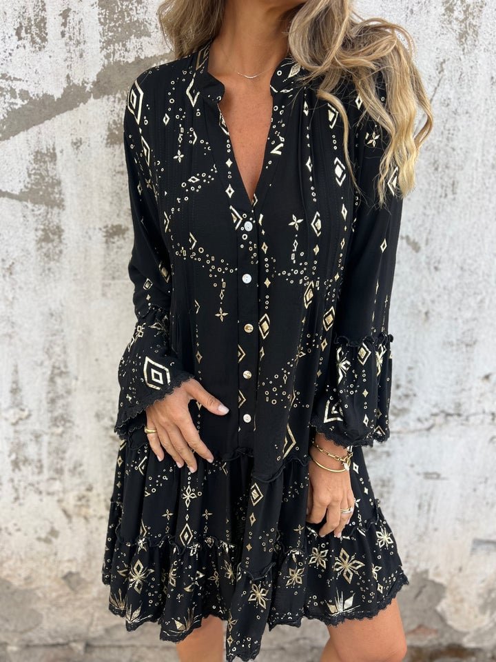 Willow | Women's Boho Tiered V-Neck Gold-Detail Midi Dress