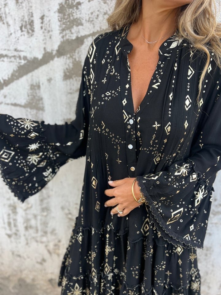 Willow | Women's Boho Tiered V-Neck Gold-Detail Midi Dress