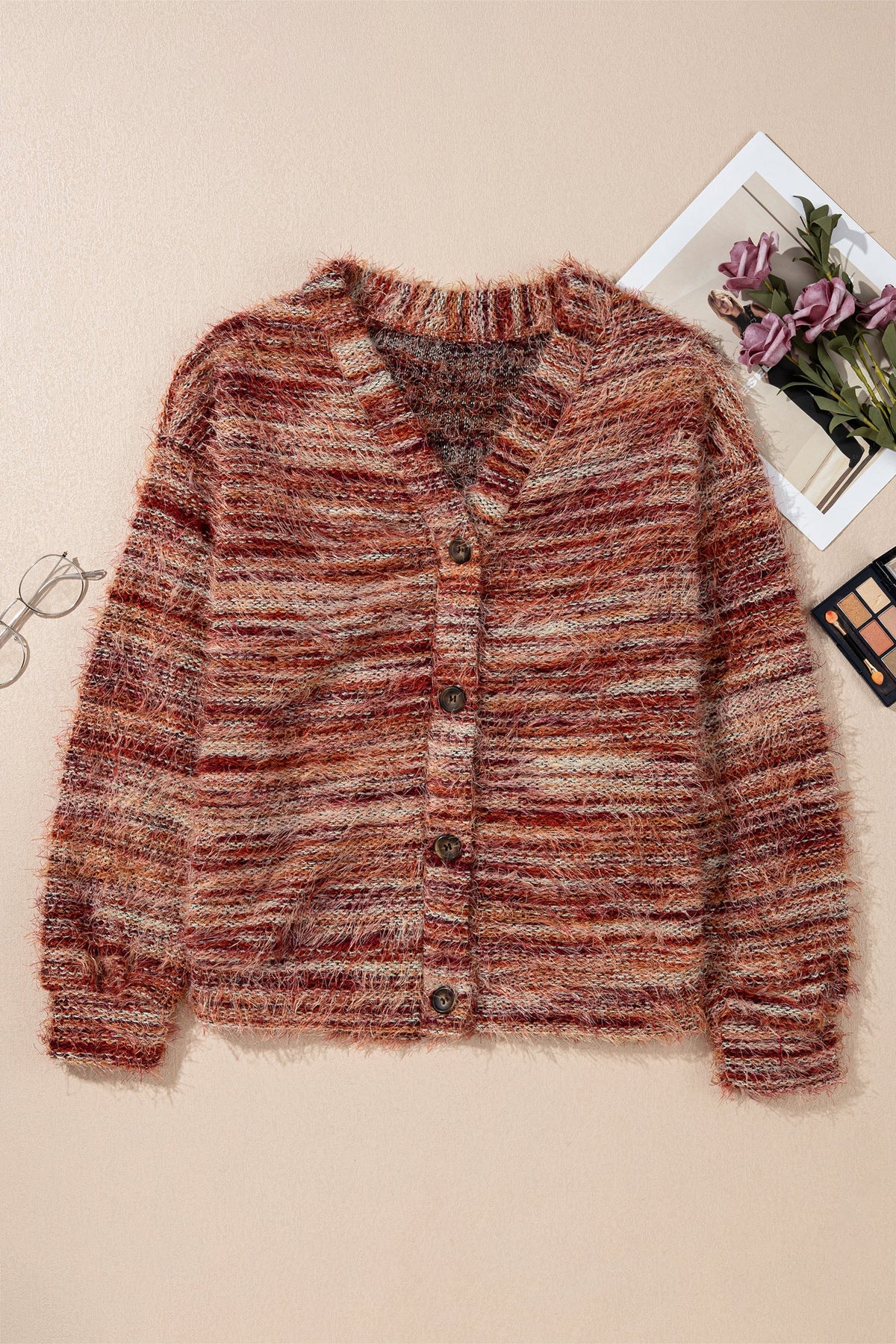 Autumn | Women's Fuzzy Striped Button-Front Cardigan Sweater