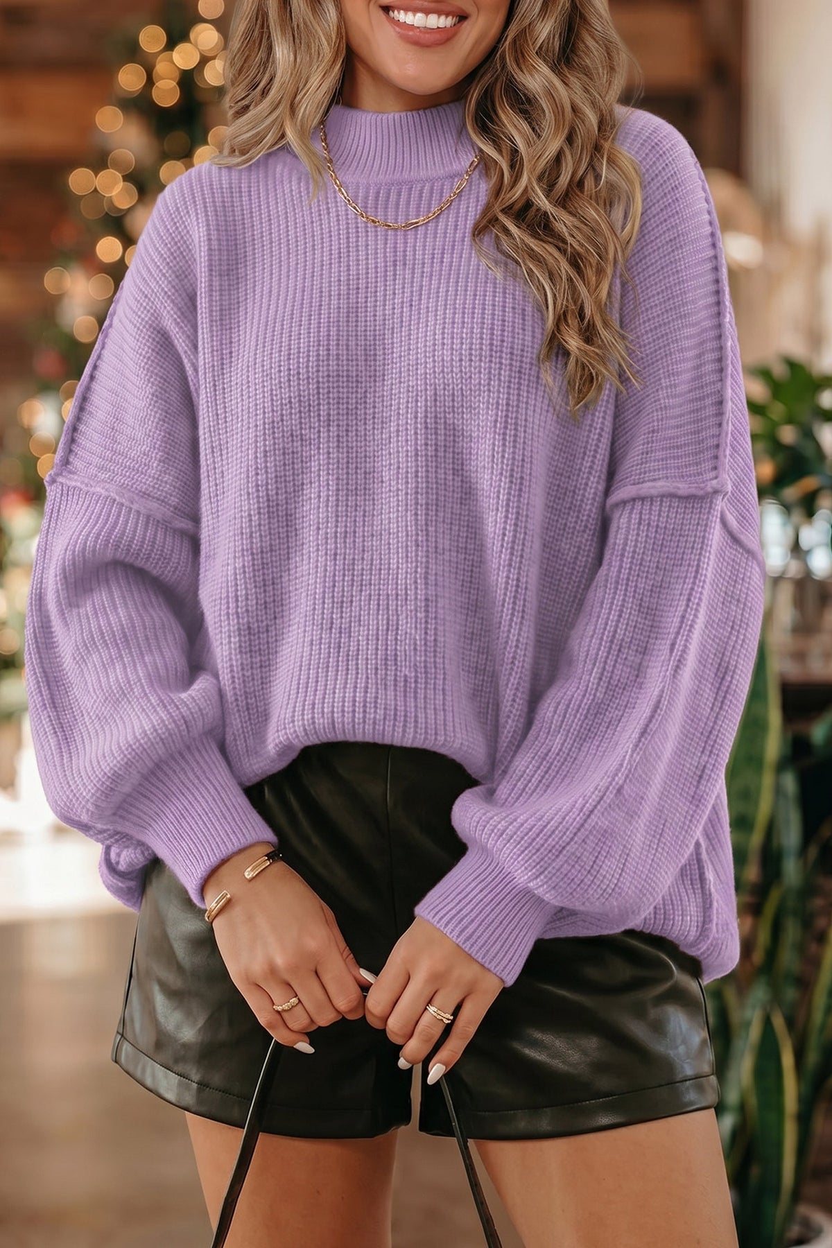 Orchid | Women's Ribbed Knit Stand-Neck Pullover Sweater