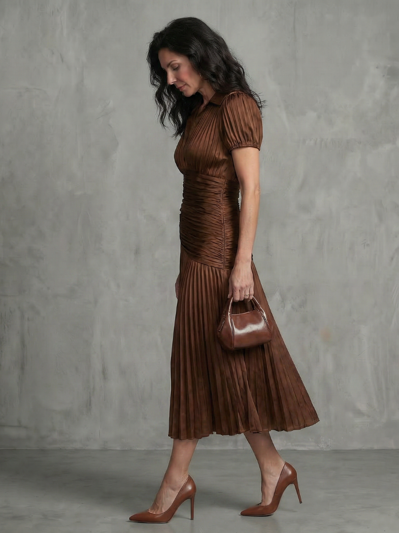 Theodora | Women's Pleated Waistline Striped Midi Dress