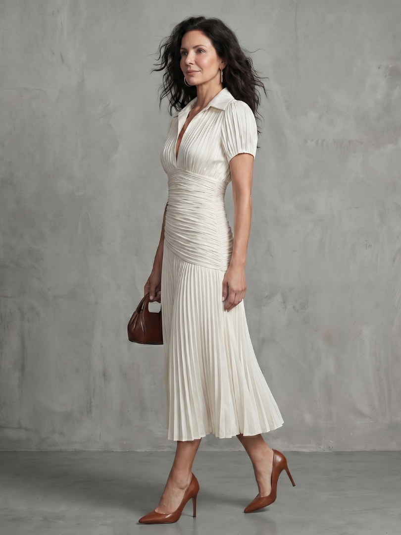 Theodora | Women's Pleated Waistline Striped Midi Dress