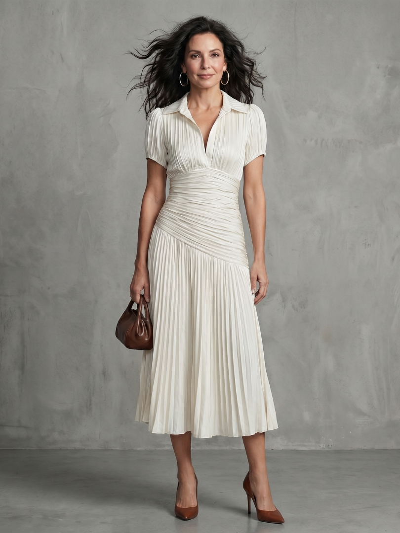 Theodora | Women's Pleated Waistline Striped Midi Dress