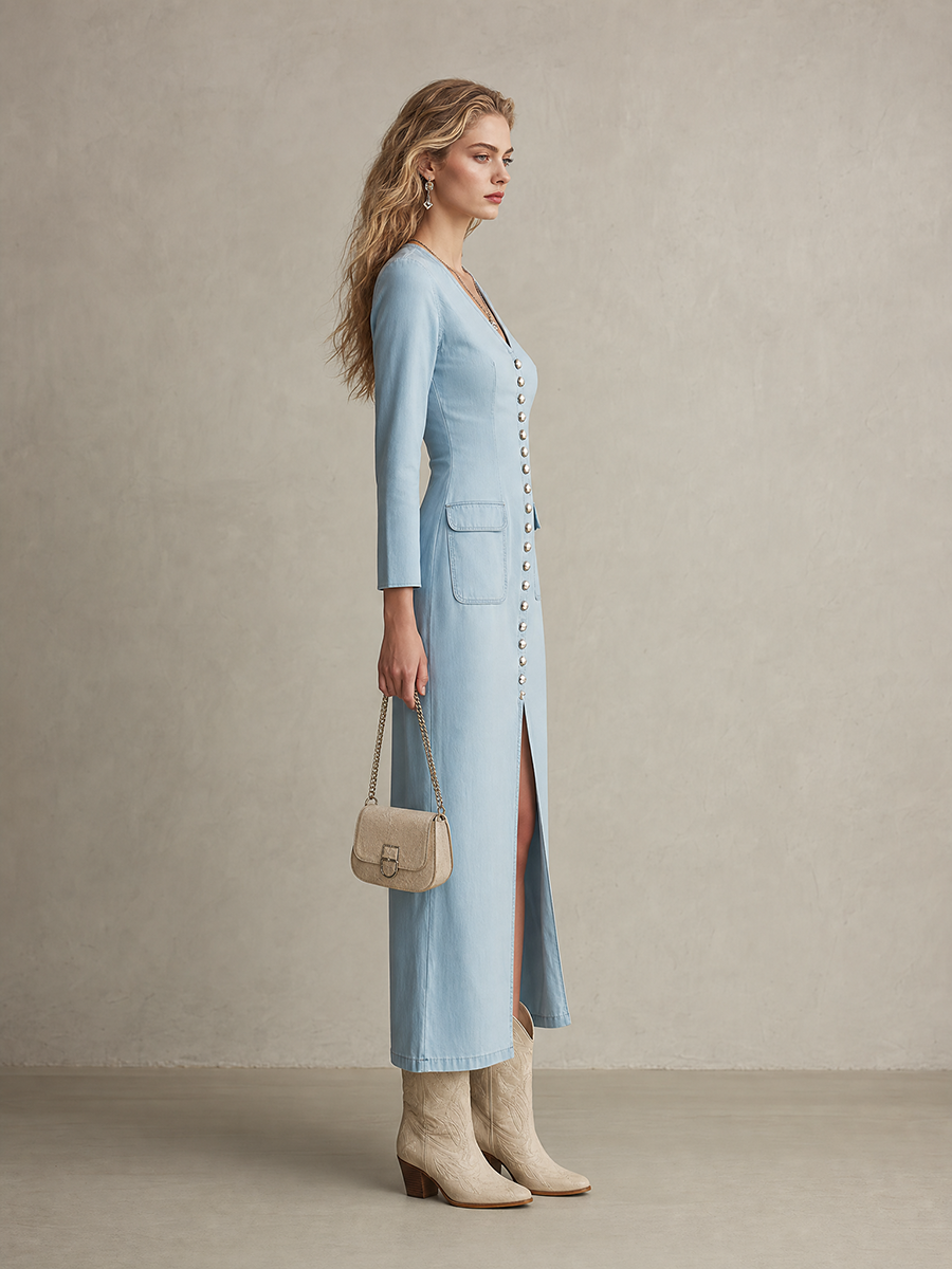 Marianne | Women's Chambray V-Neck Button-Front Midi Dress