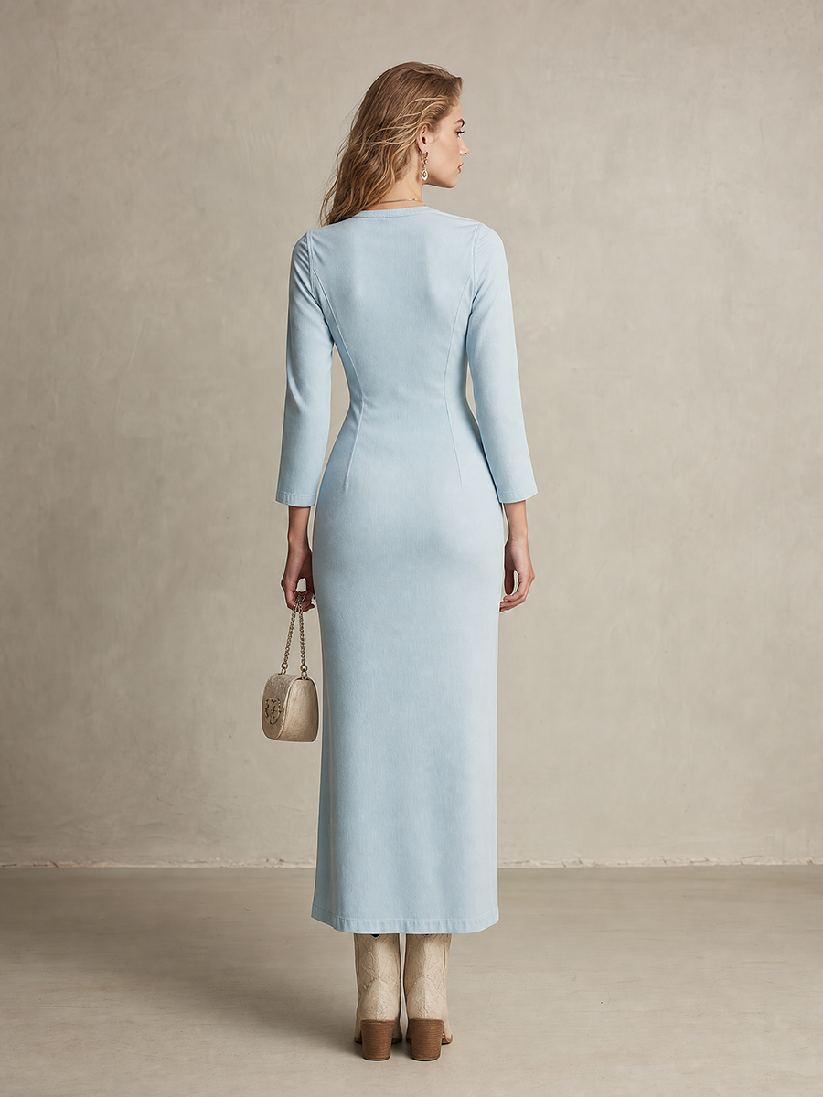Marianne | Women's Chambray V-Neck Button-Front Midi Dress