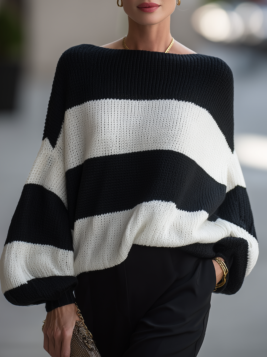 Marlowe | Women's Off-Shoulder Striped Chunky Knit Oversized Sweater
