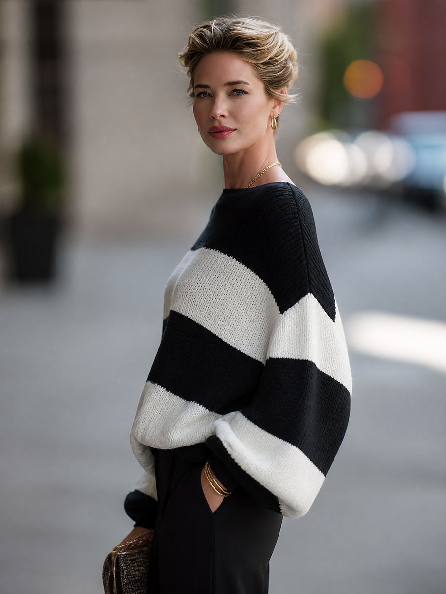 Marlowe | Women's Off-Shoulder Striped Chunky Knit Oversized Sweater
