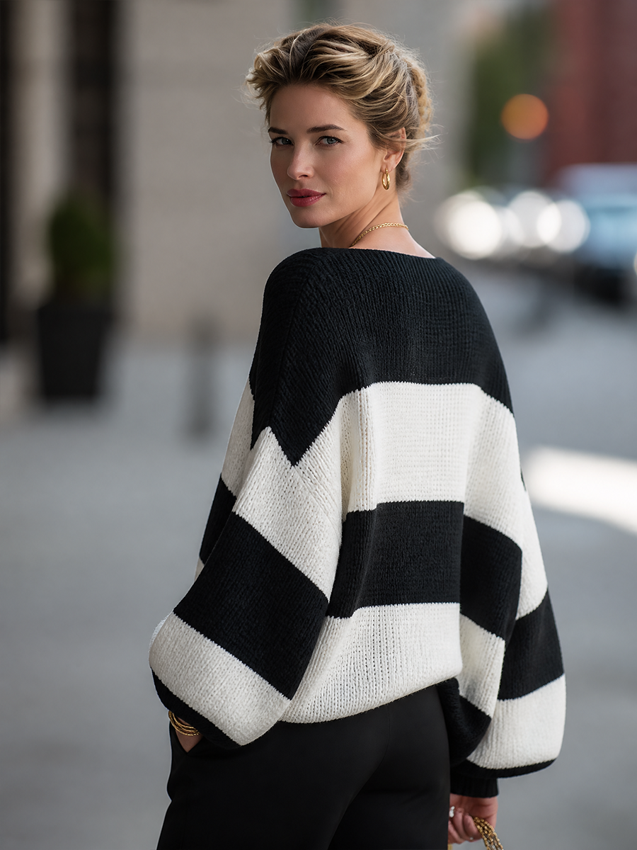Marlowe | Women's Off-Shoulder Striped Chunky Knit Oversized Sweater
