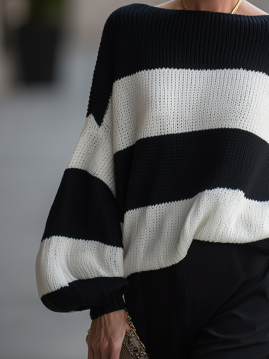 Marlowe | Women's Off-Shoulder Striped Chunky Knit Oversized Sweater
