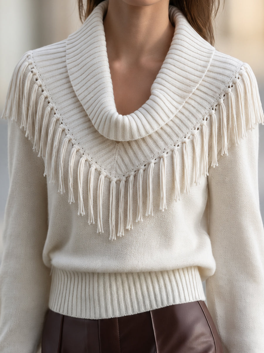 Marielle | Women's Fringe-Trim Cowl Neck Knit Sweater