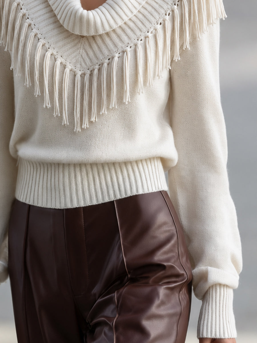 Marielle | Women's Fringe-Trim Cowl Neck Knit Sweater