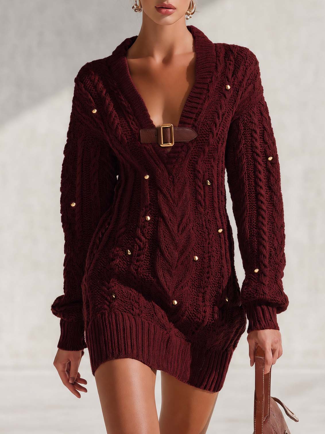 Marielle | Women's Deep-V Cable-Knit Mini Sweater Dress