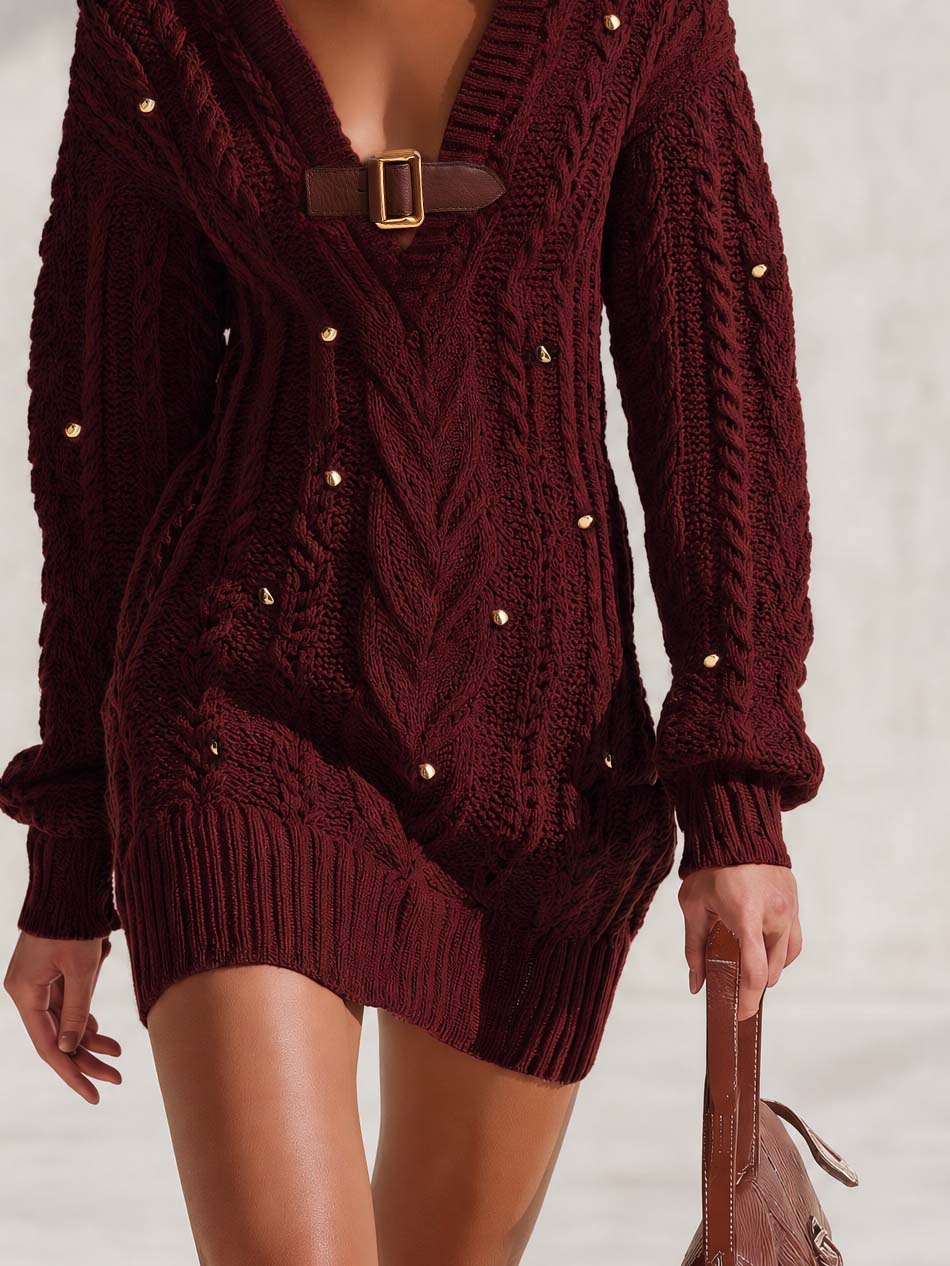 Marielle | Women's Deep-V Cable-Knit Mini Sweater Dress