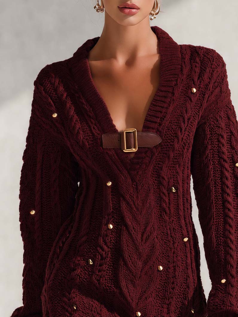 Marielle | Women's Deep-V Cable-Knit Mini Sweater Dress