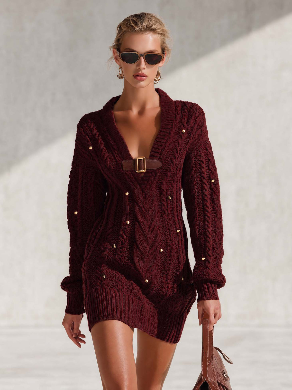 Marielle | Women's Deep-V Cable-Knit Mini Sweater Dress
