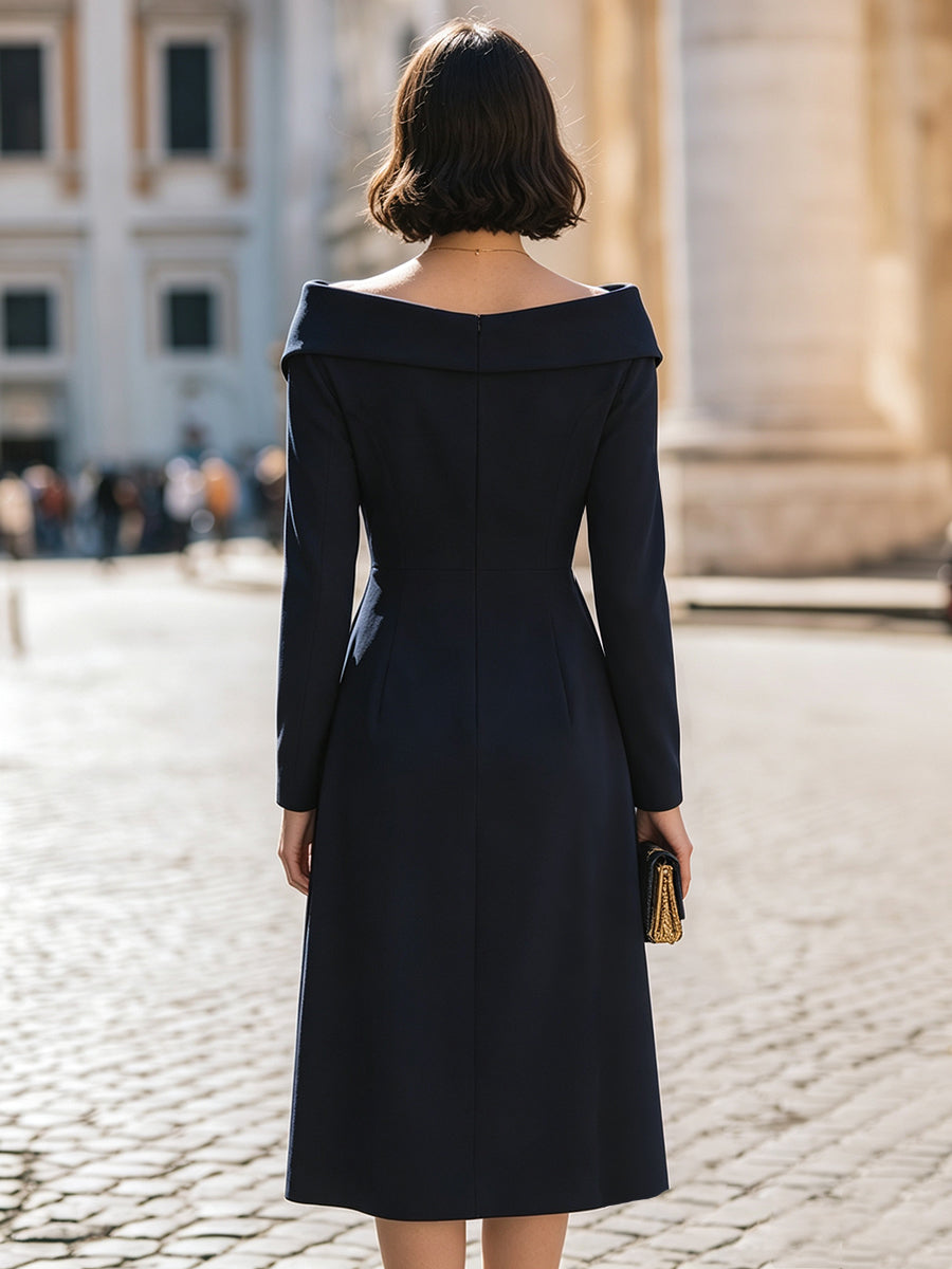 Vivienne | Women's Boat-Neck Long-Sleeve Midi Dress