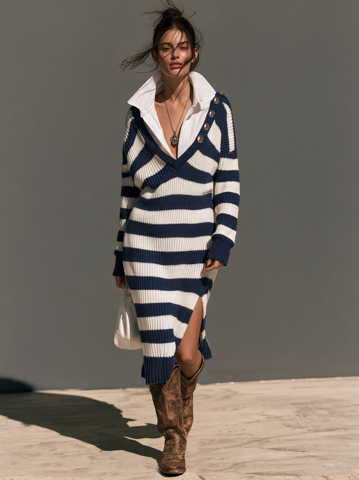 Marielle | Women's Striped Faux Two-Piece Sweater Maxi Dress