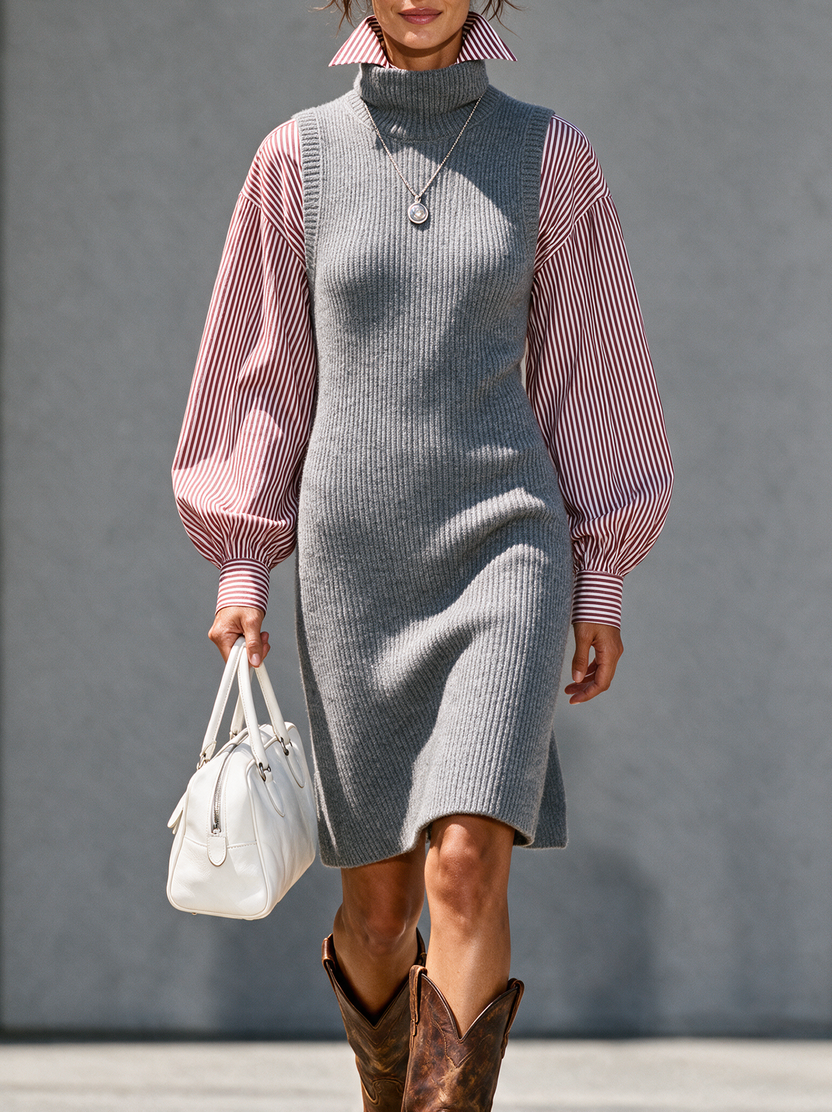 Marielle | Women's Retro Mock-Neck Sweater Dress & Striped Shirt Set