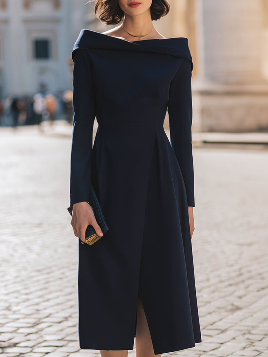 Vivienne | Women's Boat-Neck Long-Sleeve Midi Dress