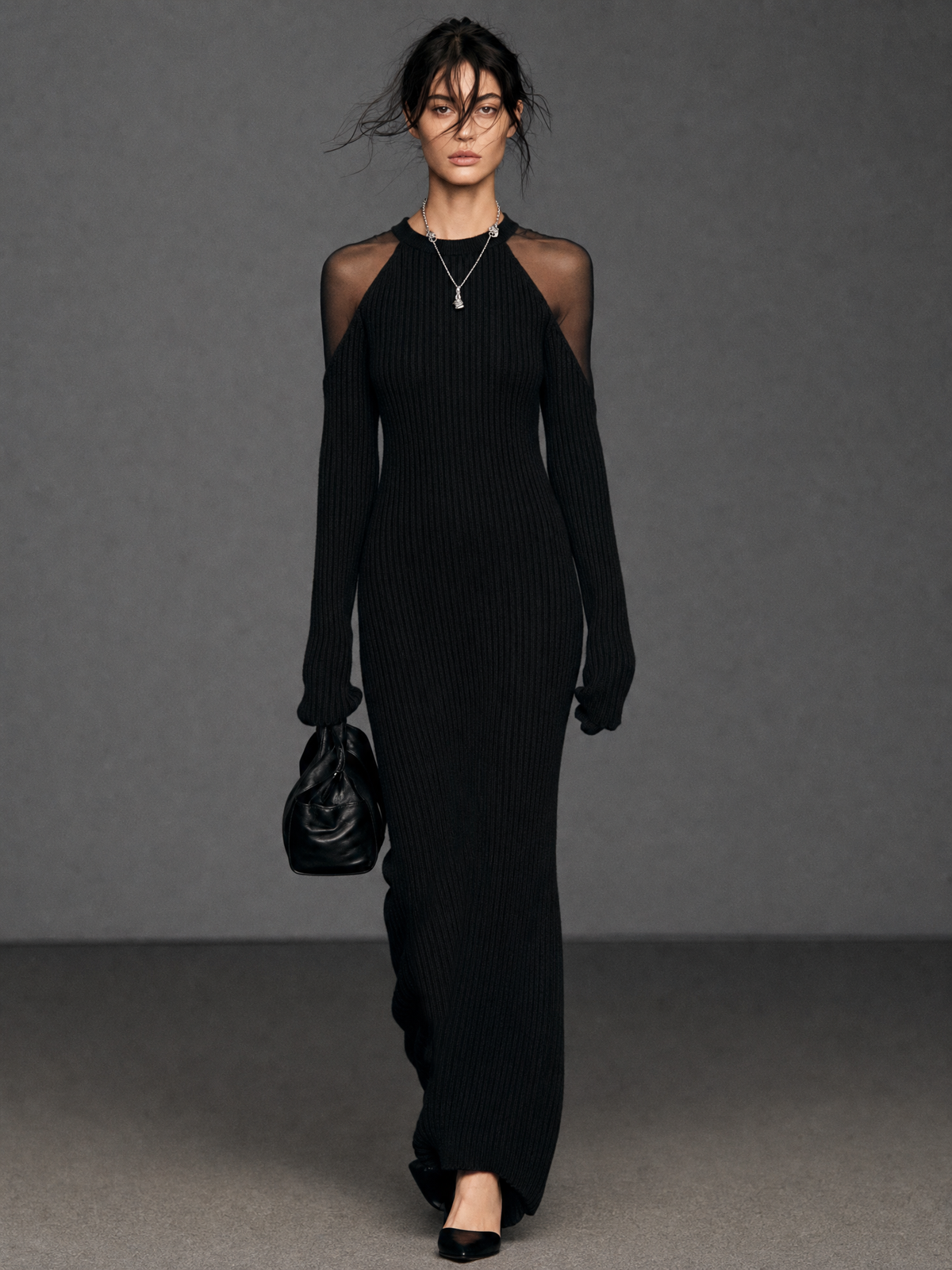Elowen | Women's Long-Sleeve Organza-Panel Knit Maxi Dress