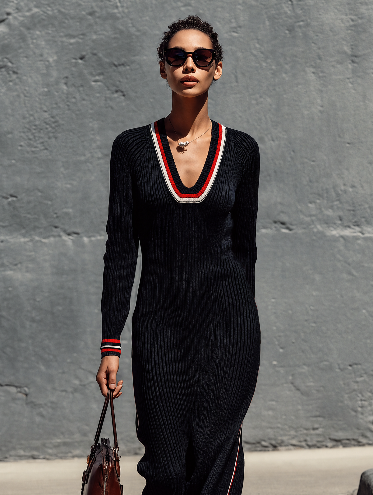 Marlowe | Women's V-Neck Knit Long-Sleeve Maxi Dress