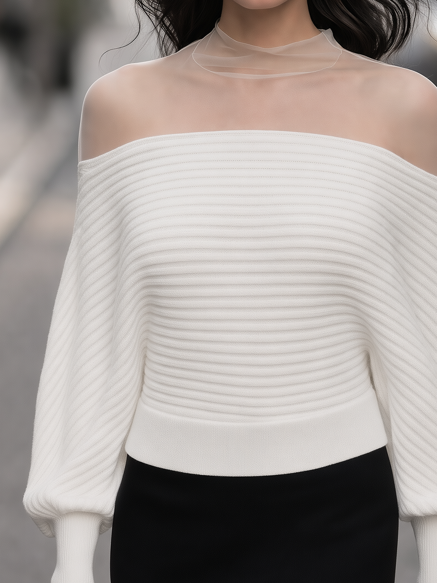 Seraphina | Women's Sheer Mesh Mock Neck Off-Shoulder Ribbed Knit Sweater