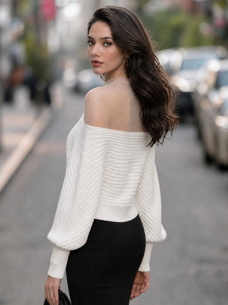 Seraphina | Women's Sheer Mesh Mock Neck Off-Shoulder Ribbed Knit Sweater
