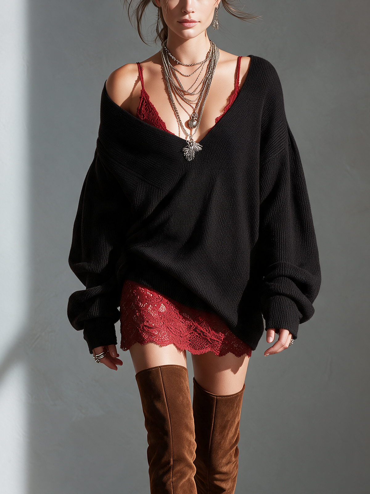 Marisol | Women's Layered Knit Top & Lace Camisole Two-Piece Set